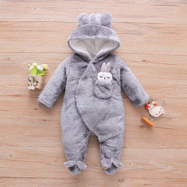 Solid Fleece Rabbit Hooded Jumpsuit